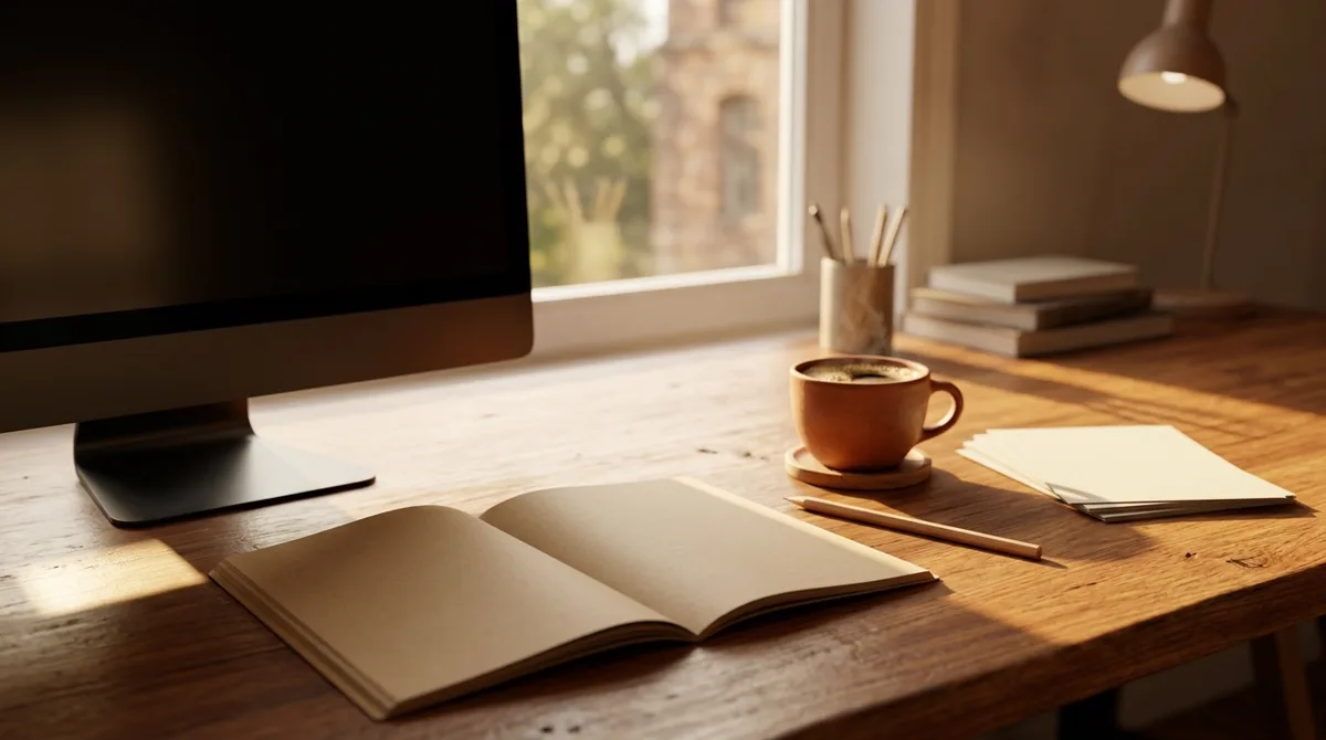 A studio desk with a large monitor turned away, a sketchbook, a pencil and a cup, late afternoon light across the surface